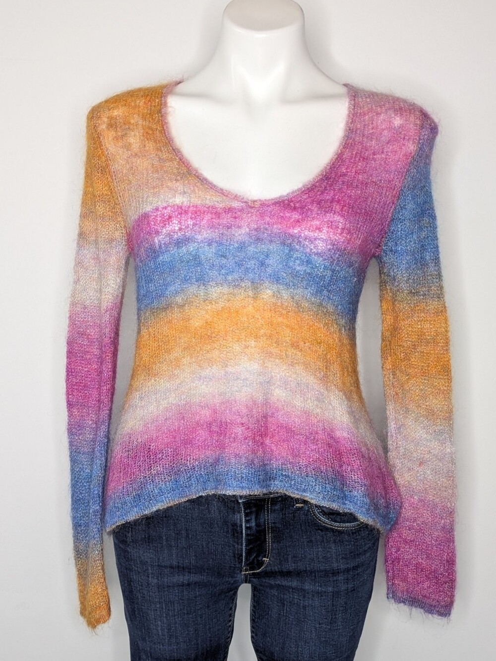 Astars Orange Pink Blue Stripes Wool Blend Loose Knit Lightweight Sheer Sweater